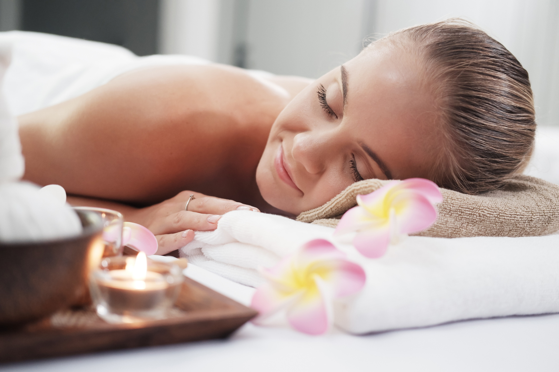 Woman in White  Bath Towel for Massage